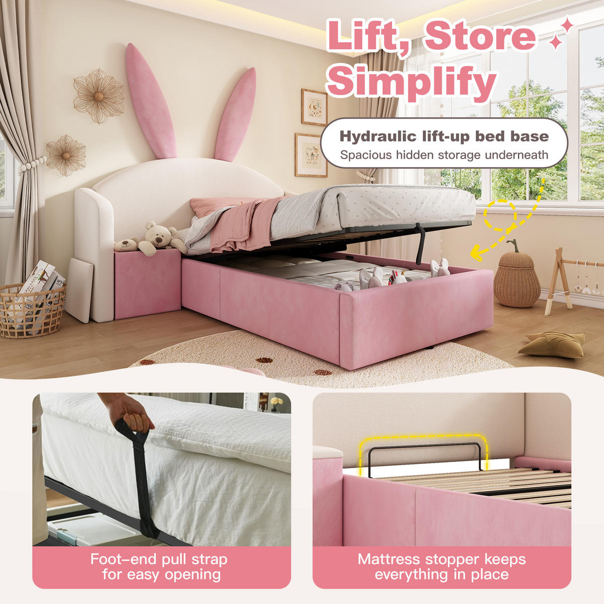 KINDERBETT 90/200 cm DE-32483 mit Stauraum und Nachttisch Beige/Rosa - Beige/Rosa, Metall (90/200cm) - ComfortXL