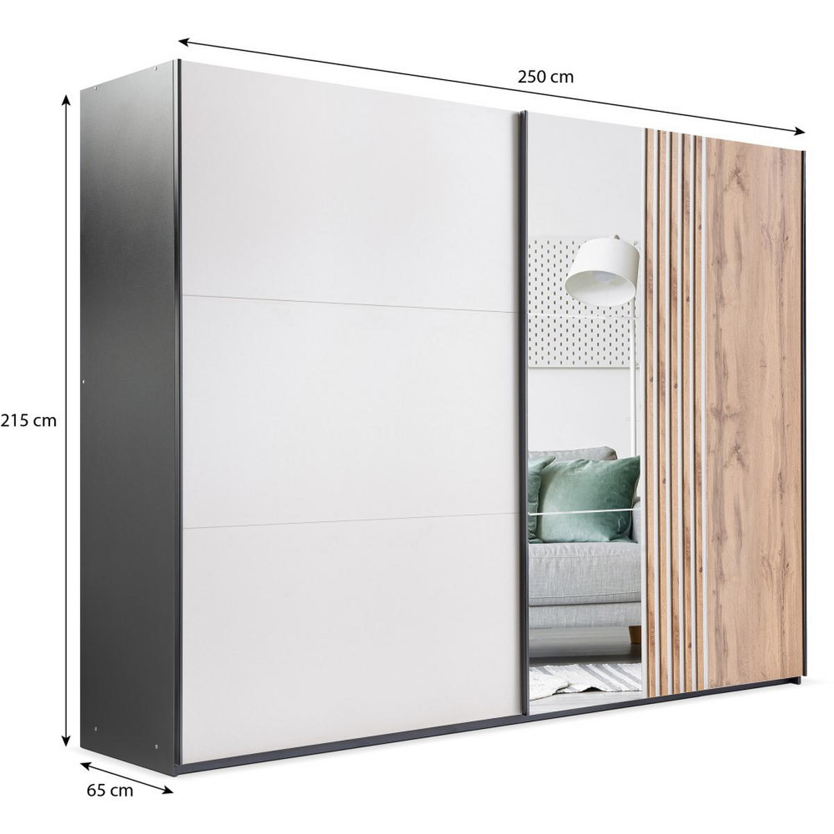 SCHWEBETÜRENSCHRANK Evia mit 2 Türen und Spiegel, 250 cm - Eiche Wotan/Schwarz, Holzwerkstoff (250/215/65cm) - Beautysofa