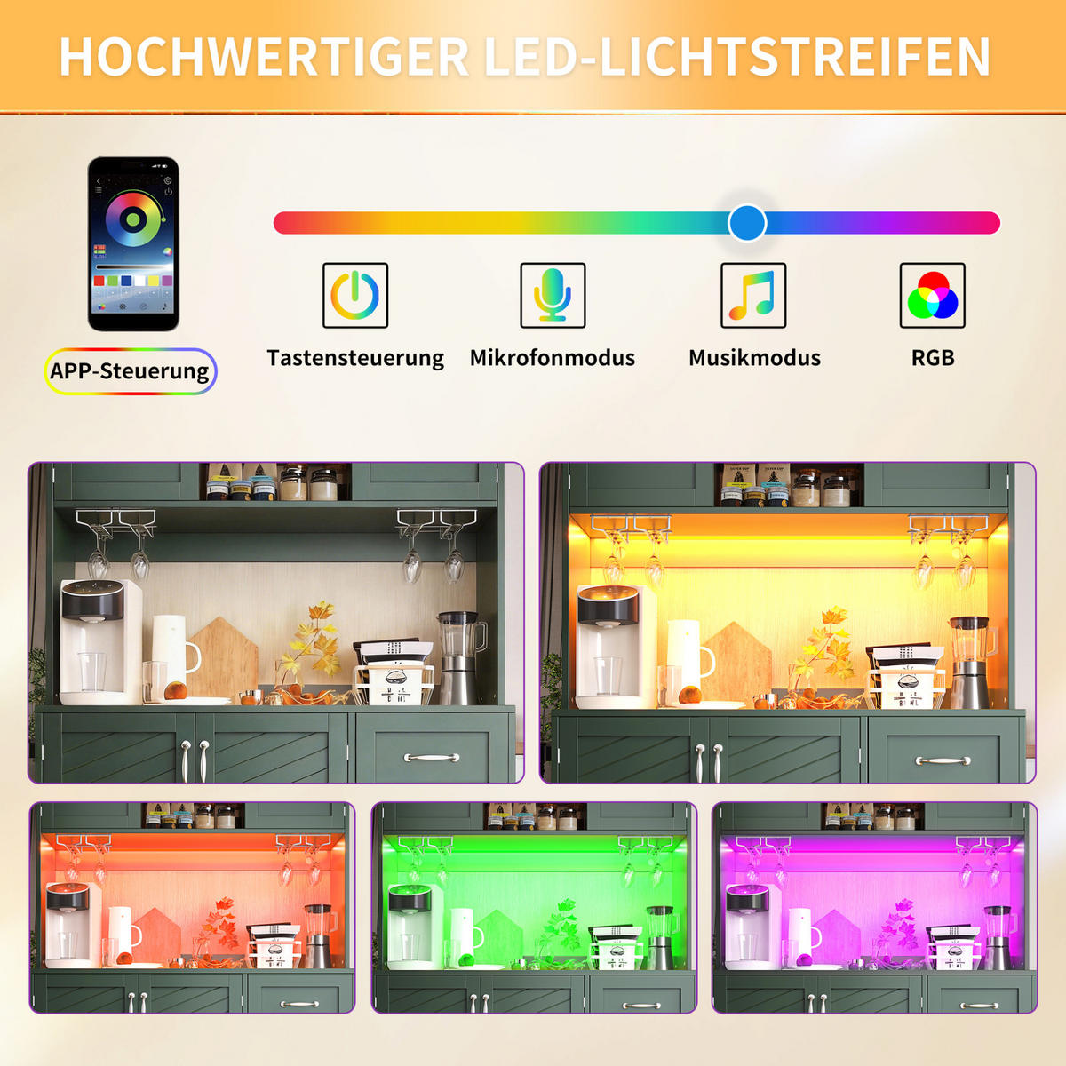 BUFFETOVÁ skrinka 120/40/188 cm zelená s LED osvetlením a držiakmi na nápoje z MDF - zelená, kompozitné drevo (120/188/40cm) - OKWISH