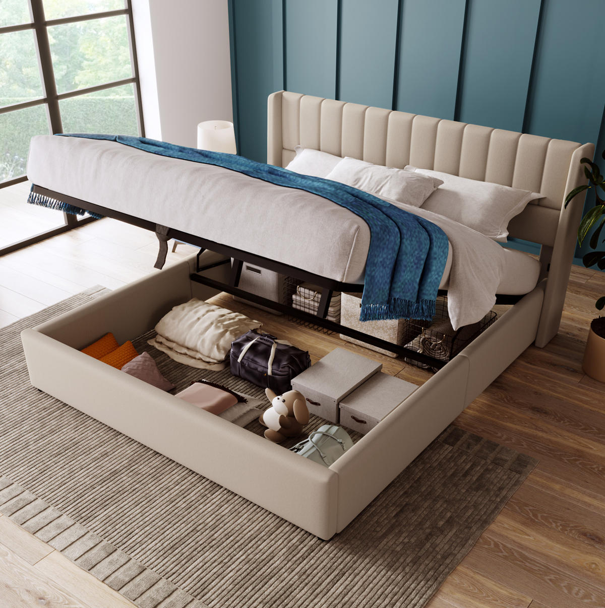 POLSTERBETT 140/200 cm Beige mit Stauraum und Matratze - Beige, Textil (140/200cm) - Flora Grace