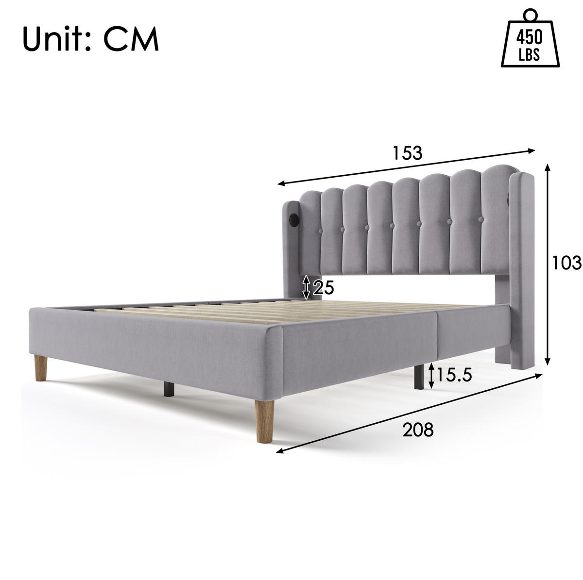 BETT mit USB und Typ-C 140x200 cm Leinen Grau - Grau, Metall (140/200cm) - Meubliv