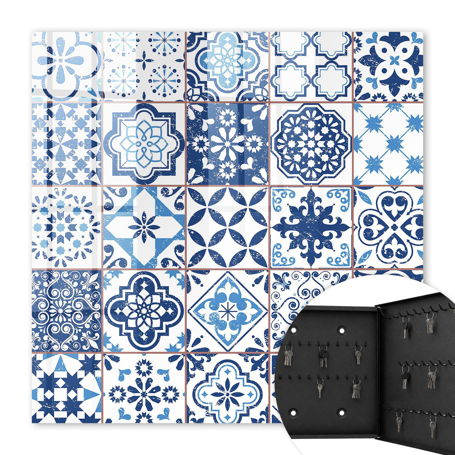 SCHLÜSSELBOX Schwarz 30x30 cm- Türöffnung nach rechts - Blaue Fliesen - Blau, Metall (30/30/5cm) - TULUP