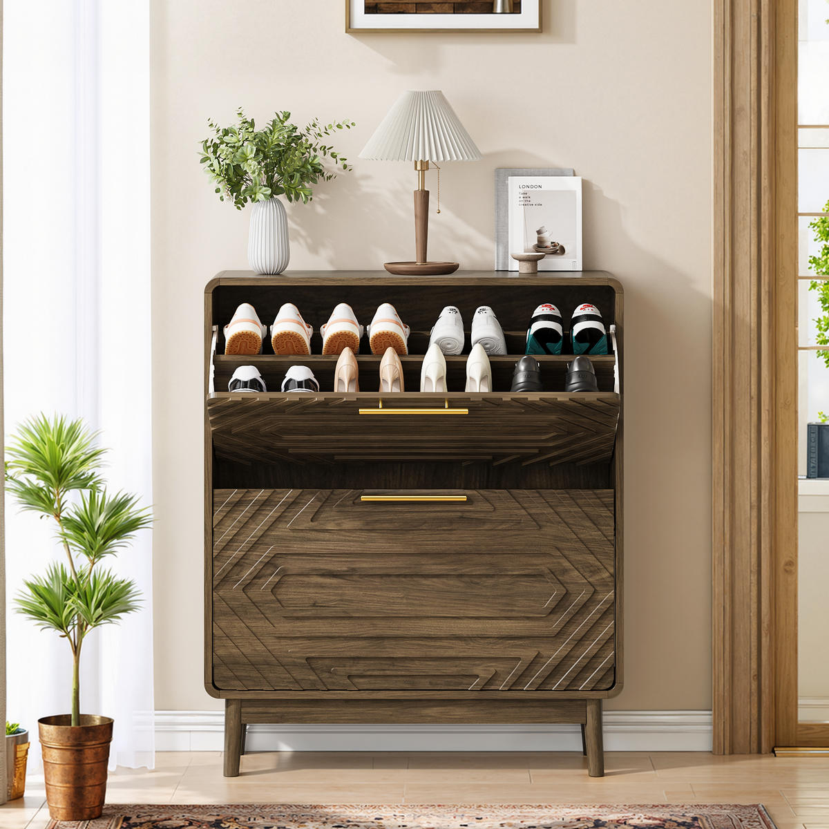 SCHUHSCHRANK Mid-Century Schuhkipper 2 Klappfächer Freistehend - Walnussfarben, Holzwerkstoff (80/95/24cm) - Urban Meuble