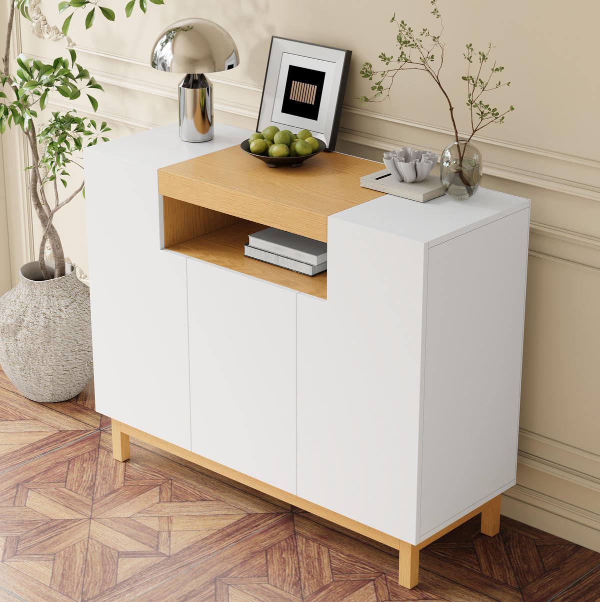 SIDEBOARD 120,5/42/96 cm mit 3 Türen & offenem Fach in Weiß und Holzoptik - Weiß, Holzwerkstoff (120.5/96/42cm) - BEAOK