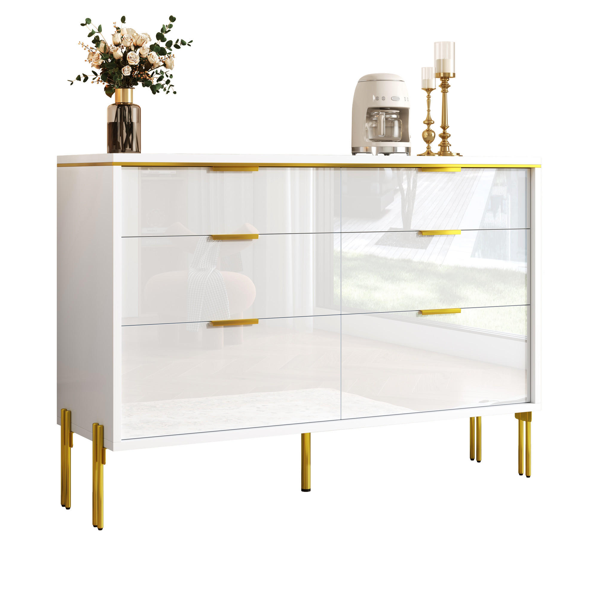 SIDEBOARD 120/40/85,5 cm weiß aus Spanplatte mit 6 Schubladen - Weiß, Holzwerkstoff (120/85.5/40cm) - OKWISH