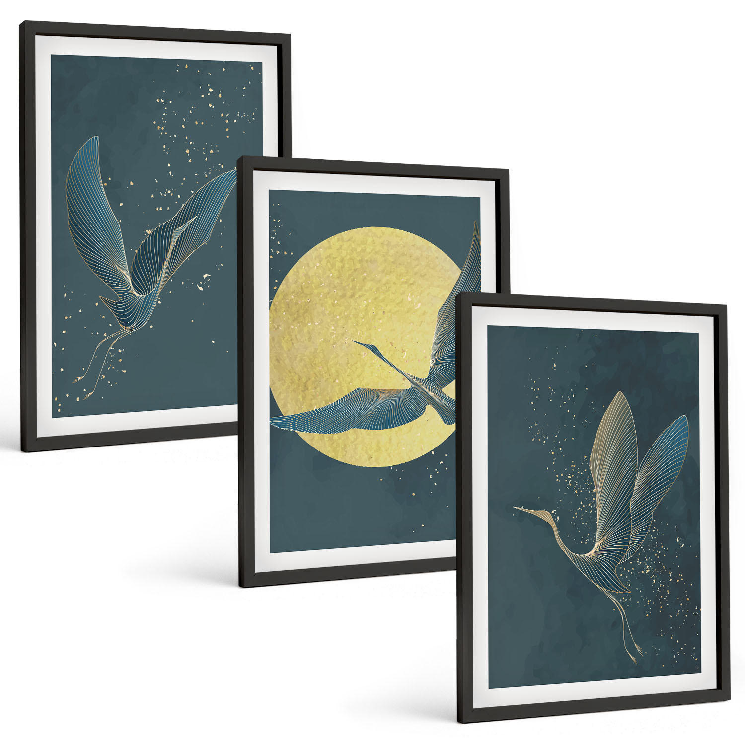BILDER SET 3er Set - 40x60 cm Schwarzer Rahmen - Kraniche im Flug bei Nacht - Schwarz, Kunststoff (40/60cm) - TULUP