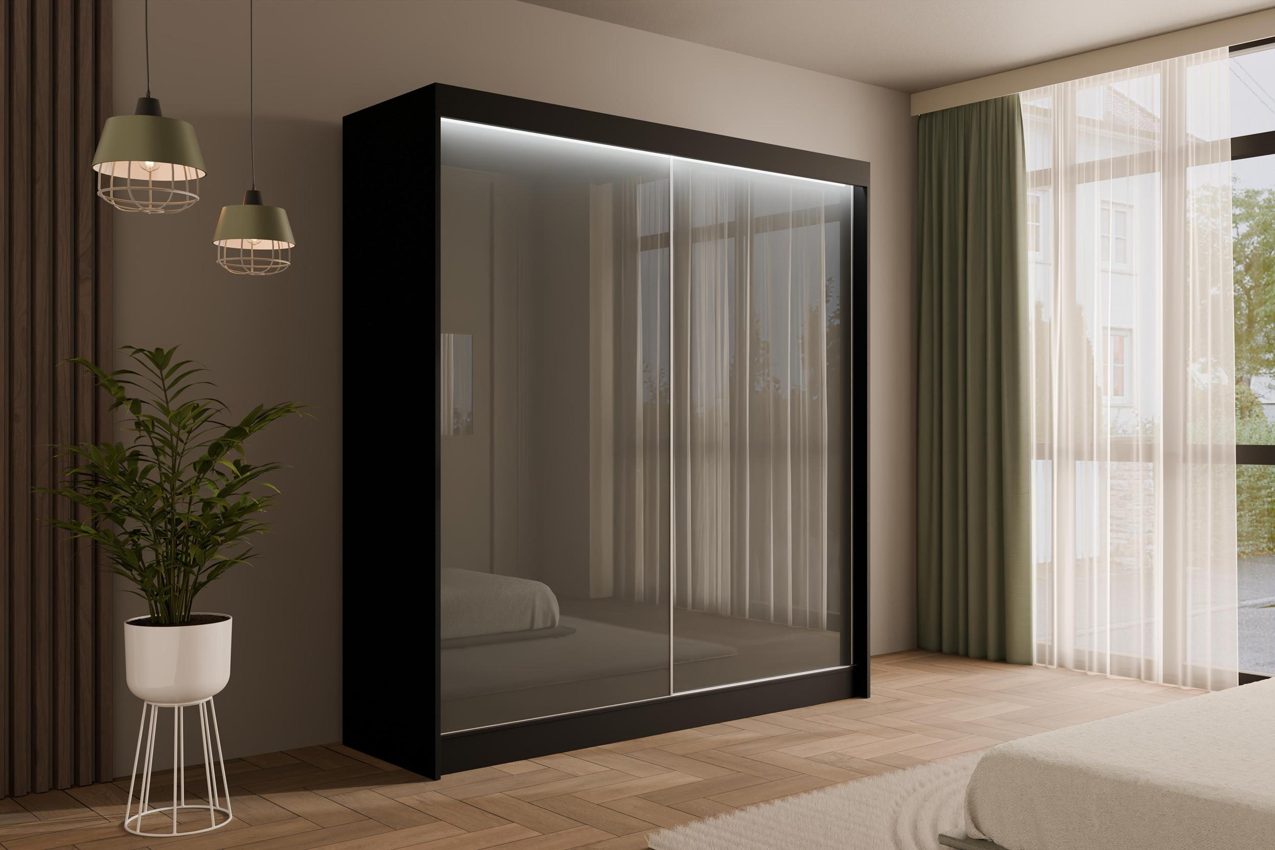 KLEIDERSCHRANK PEKA mit LED - 200 cm - Schwarz|Grau - Schwarz/Grau, Holzwerkstoff (200/215/61cm) - ALTDECOR
