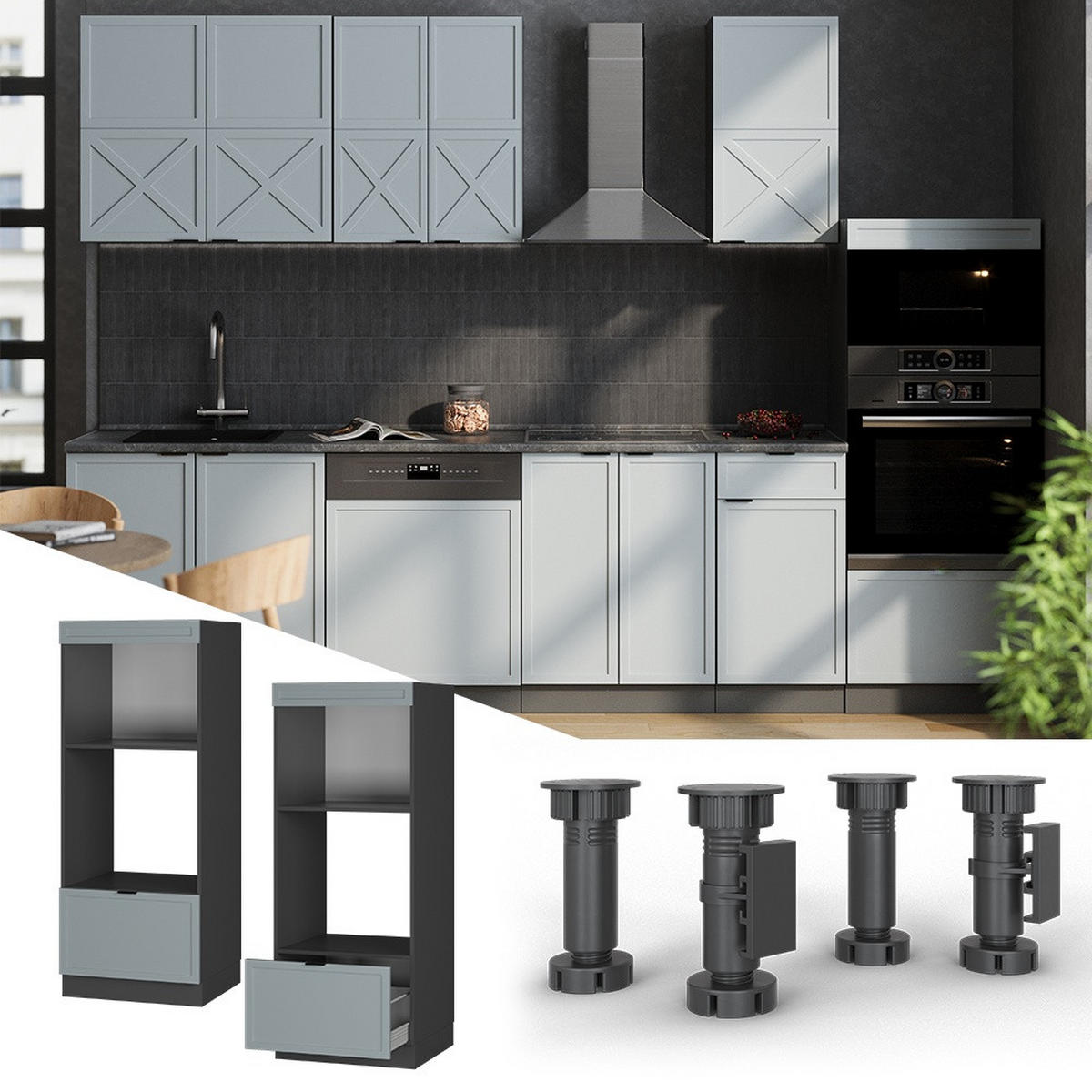 DULAP PENTRU CUPTOR CU MICROUNDE Fame-Line Albastru-gri deschis 60 cm deschide - albastru deschis/antracit, compozit lemnos (60/153.6/58.1cm) - Vicco