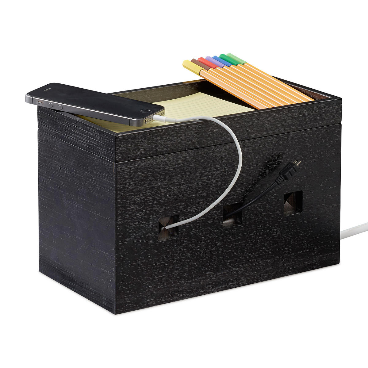 KABELBOX - Schwarz, Holz (14/25.5/16.5cm) - Relaxdays
