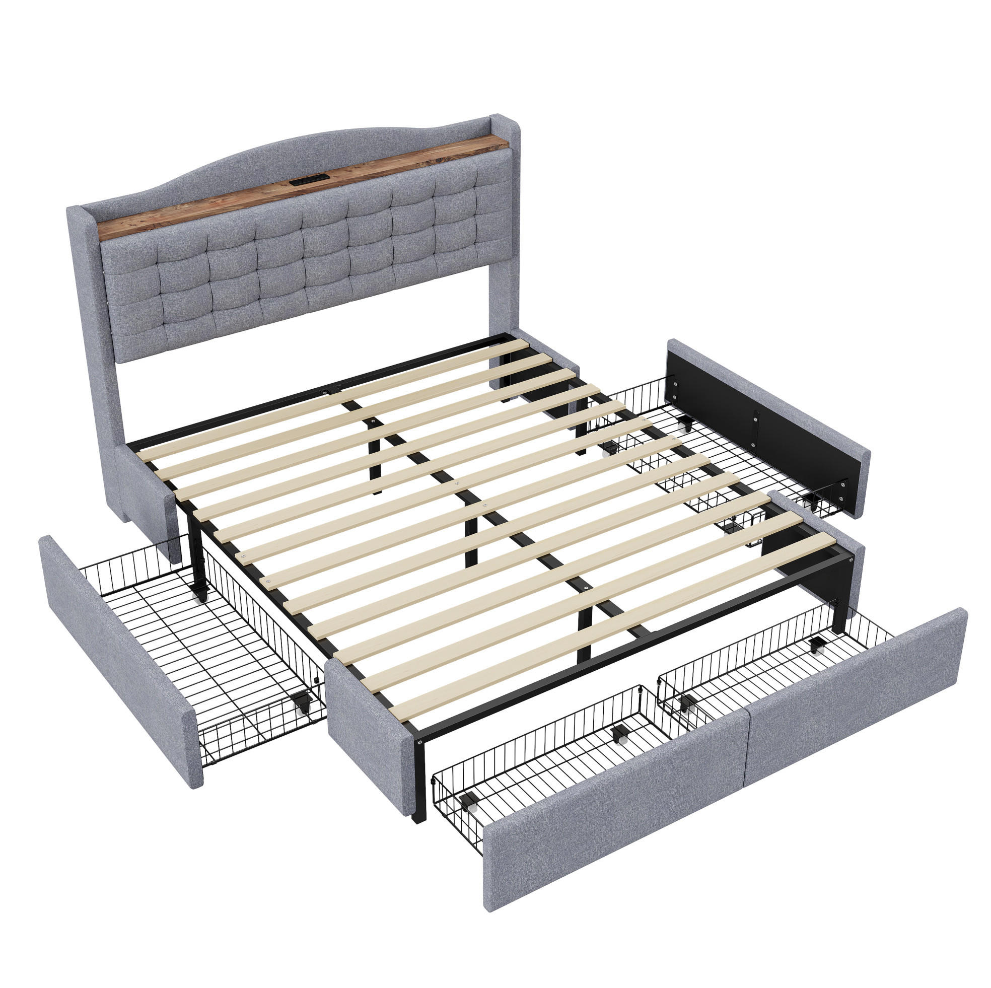 POLSTERBETT 160/200 cm mit USB-Anschluss, Ablage und 4 Schubladen, Leinenstoff, Grau - Grau, Textil (160/200cm) - Redom