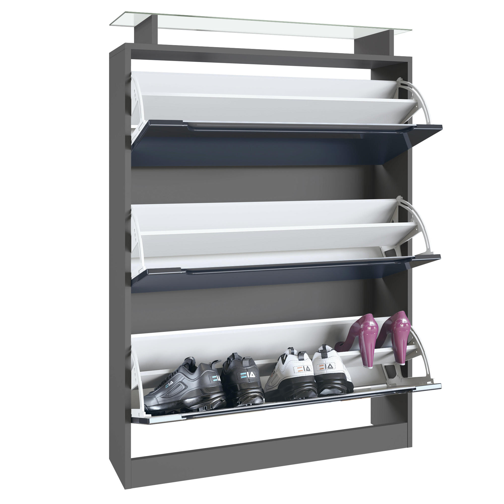 Thumbnail - Vladon Schuhschrank, Schwarz Hochglanz, Holzwerkstoff, 89x128x23 cm, Garderobe, Schuhaufbewahrung, Schuhkipper