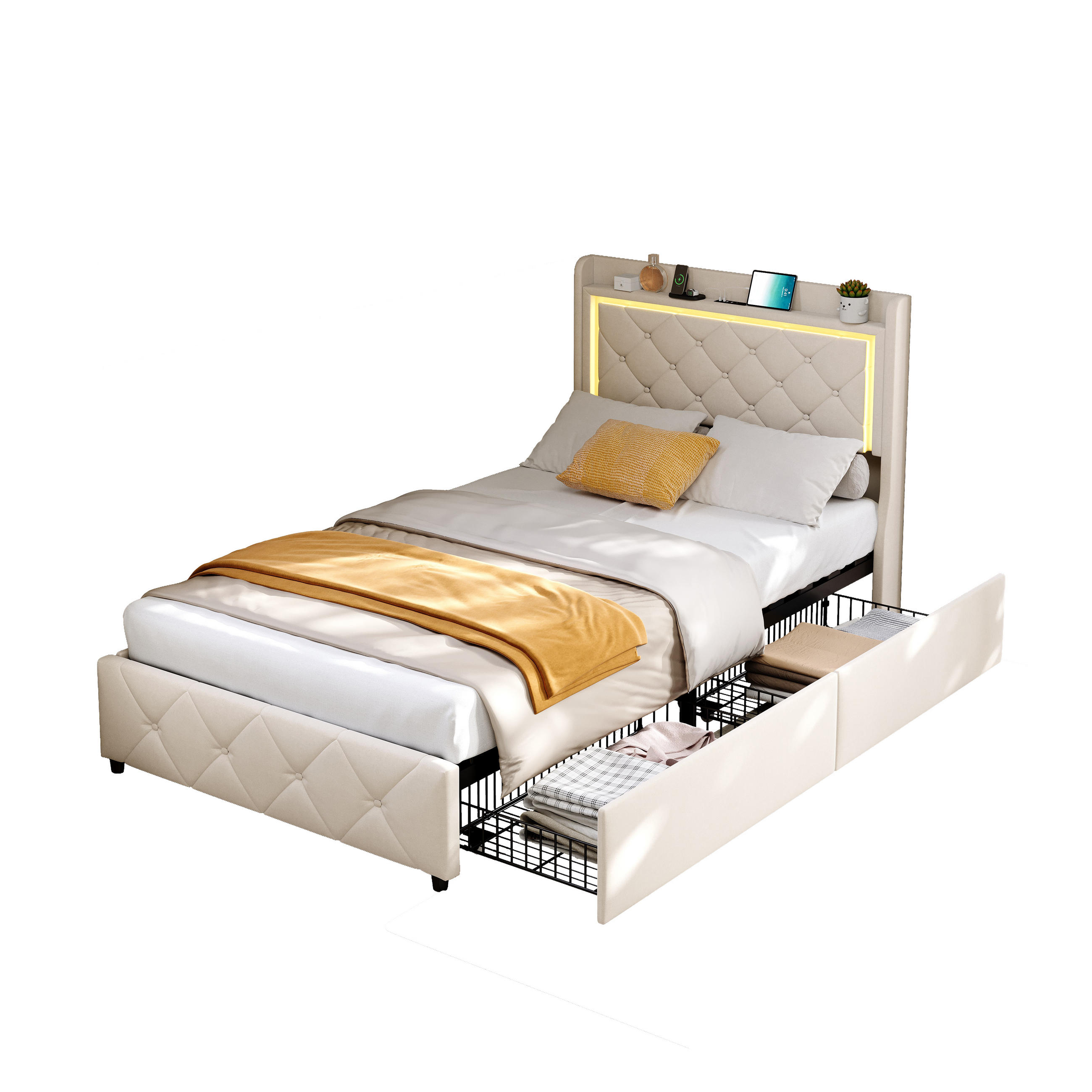 POLSTERBETT 90x200 cm, Einzelbett mit 2 Schubladen, LED & USB/Type-C, Flauschstoff in Beige - Beige, Holz (90/200cm) - BRILVERDE