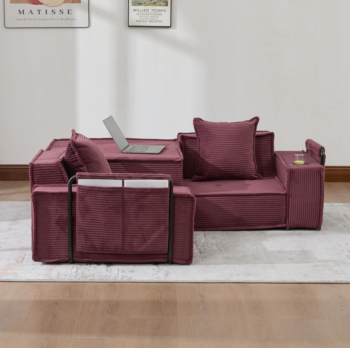 SOFA modular mit Seitentaschen 162 x 78 x 66 cm Cord Weinrot - Rot, Kunststoff (78/66/162cm) - Meubliv