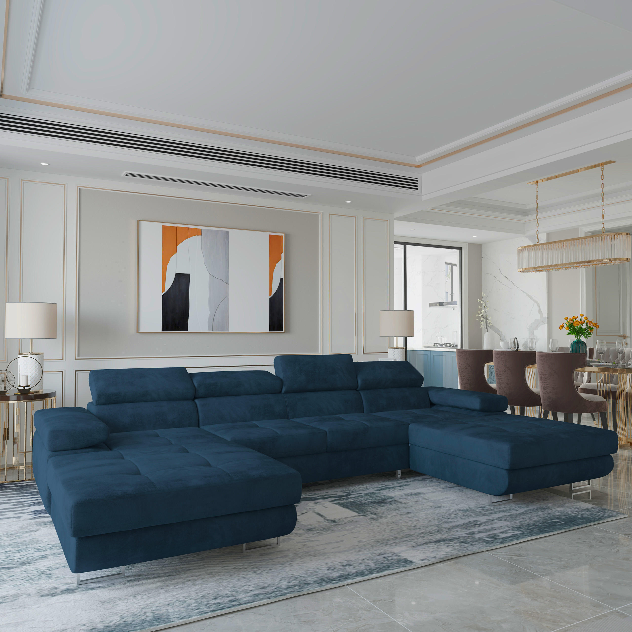 WOHNLANDSCHAFT LYKKE Blau Velours-Stoff mit Schlaffunktion - Blau, Holz (353/90/202cm) - MASSENO