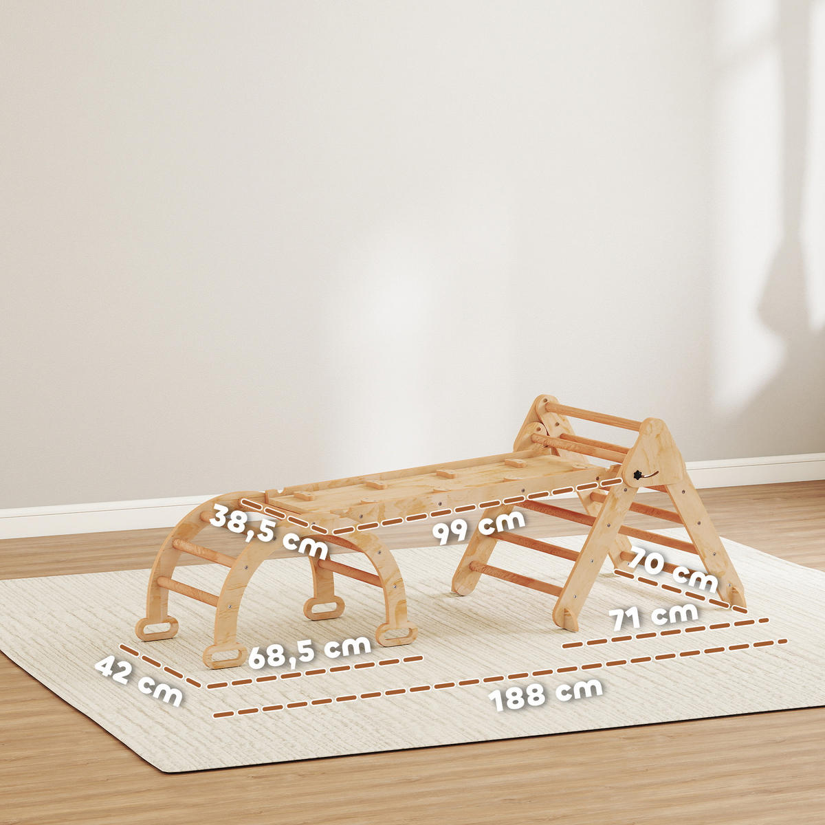 MONTESSORI-KLETTERGERÜST Holz Kletterdreieck mit Kletterbogen 7-in-1 - Naturfarben, Holz (70/59/188cm) - AIYAPLAY