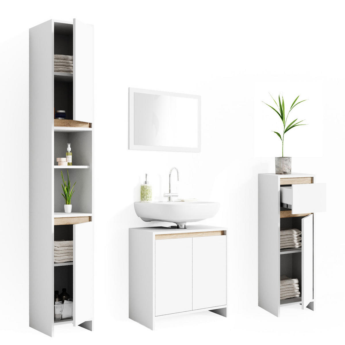 BADMÖBEL-SET Emma Weiß/Sonoma 4 Teile - Weiß/Sonoma Eiche, Holzwerkstoff (58/60/33cm) - Vicco