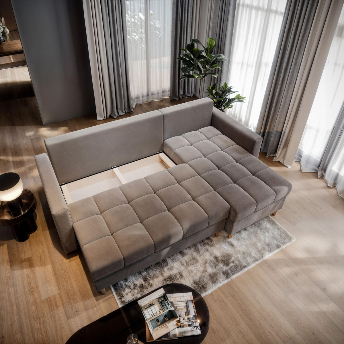 ECKSOFA MILO L Hellgrau Plüsch-Stoff mit Schlaffunktion - Hellgrau, Holz (220/140cm) - MASSENO