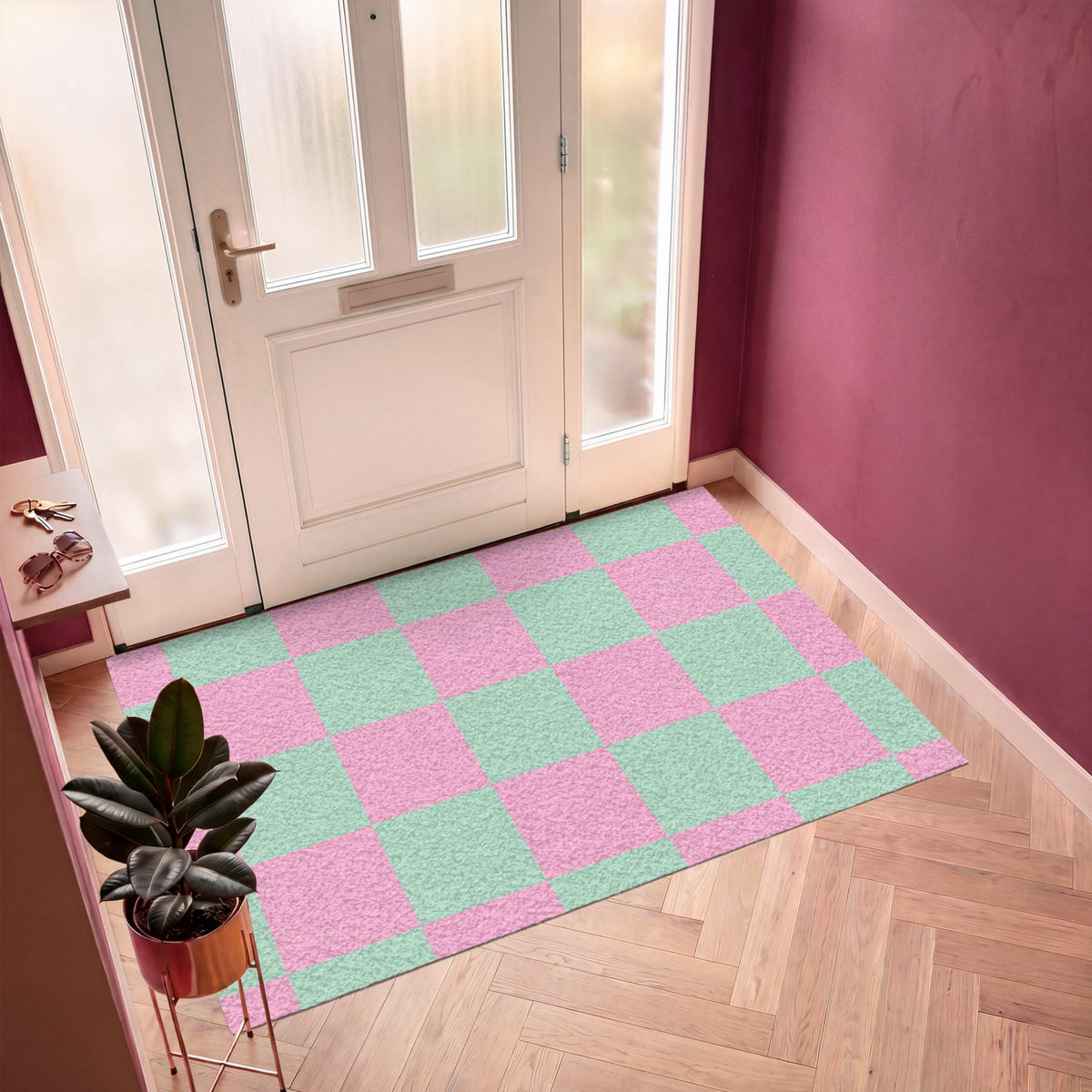 FUSSMATTE Schachbrettmuster - Grün - Rosa - Würfel Fußabtreter 180x120 cm - Mintgrün, Kunststoff (180/120cm) - MuchoWow