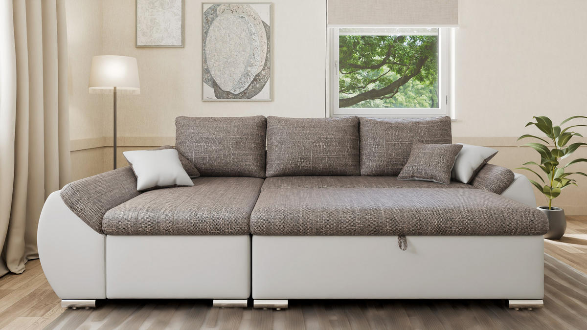 ECKSCHLAFSOFA ALEX – Braun + Weiß (Lawa 02 + Soft 17) + Hocker - Links - Braun, Holzwerkstoff/Metall (275/155cm) - Möblo
