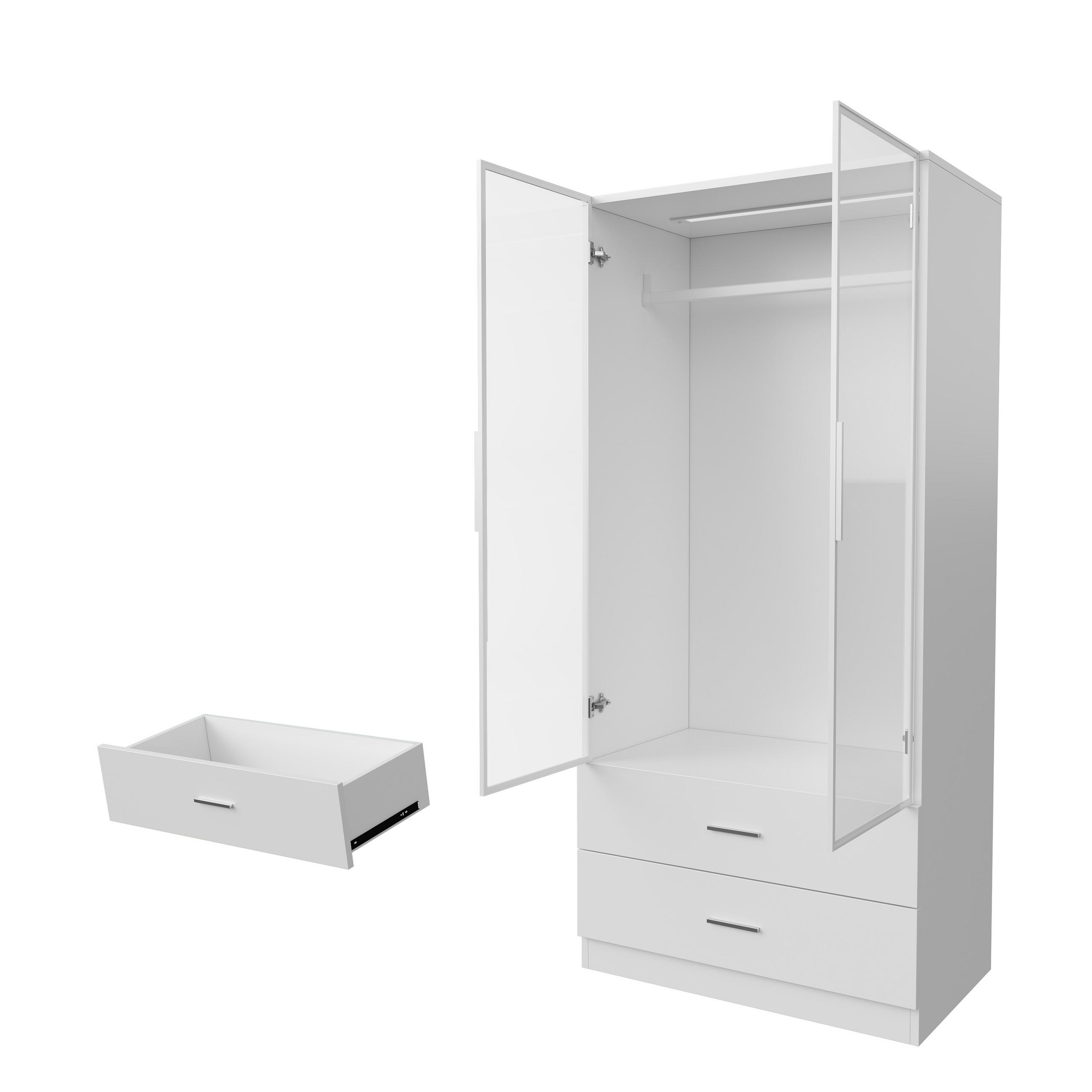 KLEIDERSCHRANK 80x50x175 cm LED Glastür Kleiderstange 2 Schubladen weiß - Weiß, Holz (80/175/50cm) - LEBENLANG