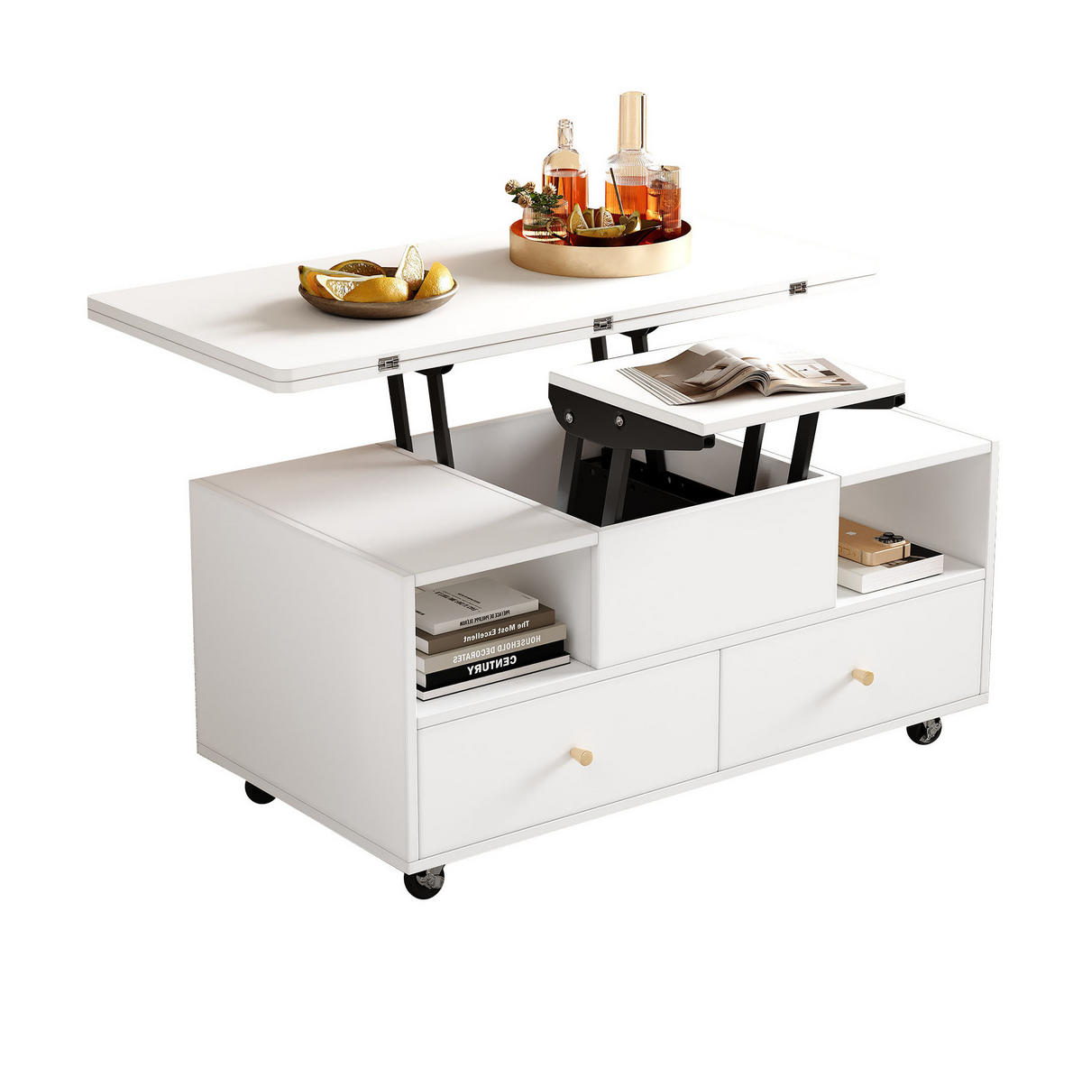 COUCHTISCH 100/50/47,5 cm höhenverstellbar mit Klappfunktion und 4 Schubladen - Weiß, Holzwerkstoff (100/50/47.5cm) - Flora Grace