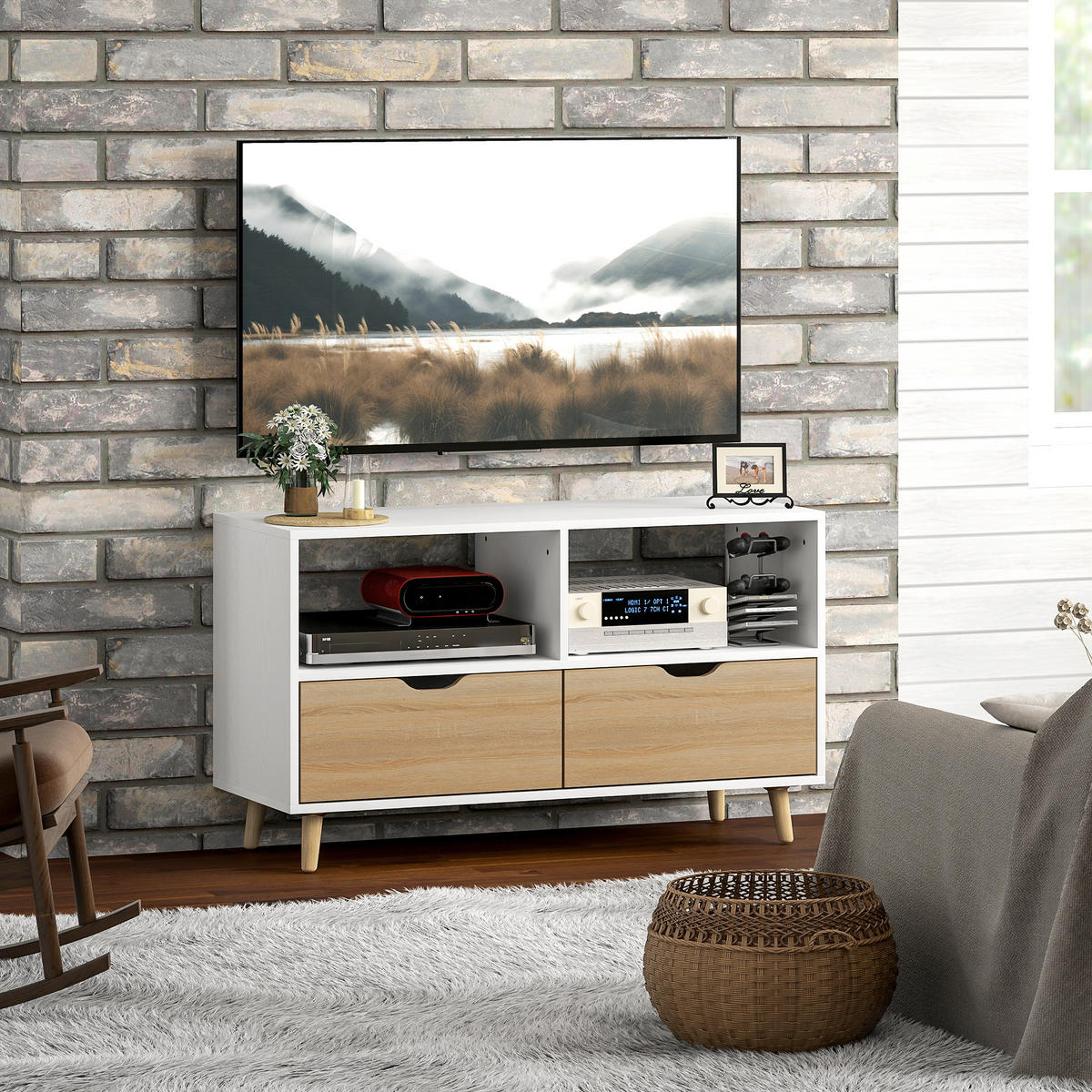 TV-SCHRANK Lowboard mit 2 Ablage, Schublade, Weiß - Weiß, Holzwerkstoff (99/58.3/39cm) - HOMCOM