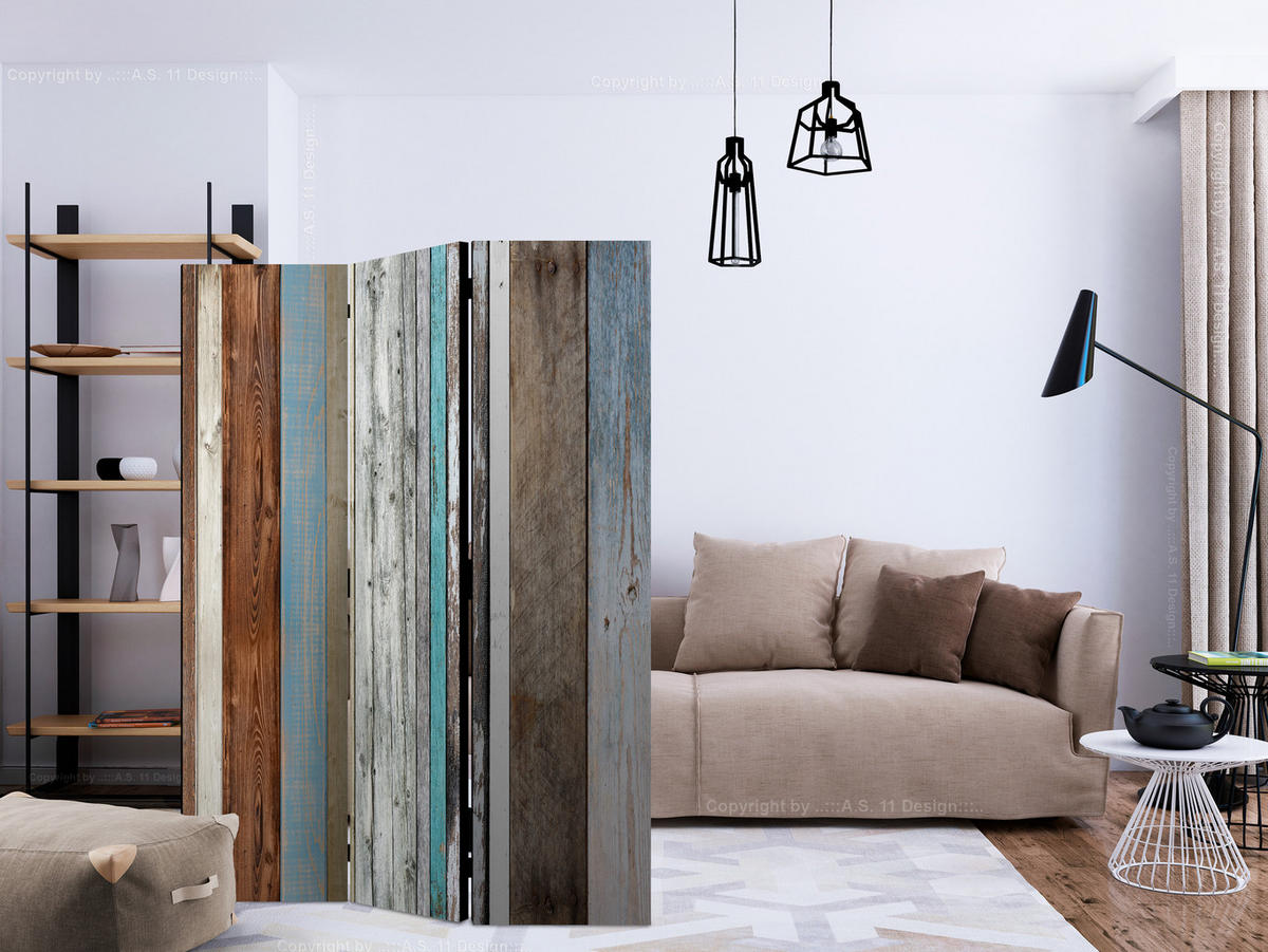 PARAVENT Beidseitig Bedruckter 3-tlg 135x172 cm bunte Holzbretter - Multicolor, Holz/Textil (135/172/3cm) - Muralo