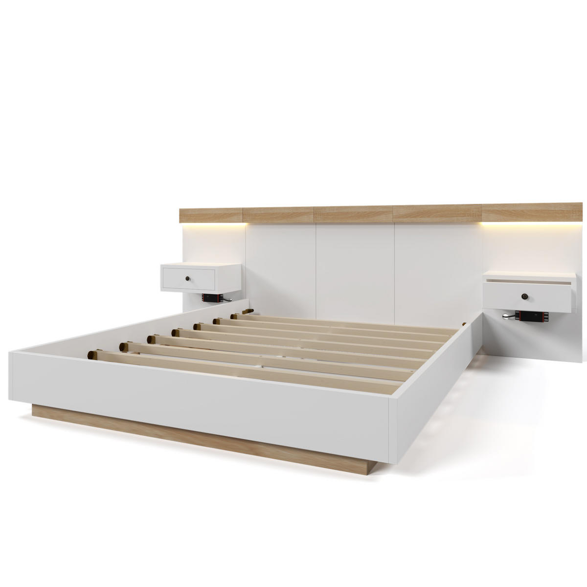 DOPPELBETT 180/200 cm mit 2 LED-Nachtkommoden, USB/Typ-C und EU-Steckdose, bett in Schwebeoptik, Weiß/Sonoma-Eiche - Weiß, Holzwerkstoff (180/200cm) - Redom