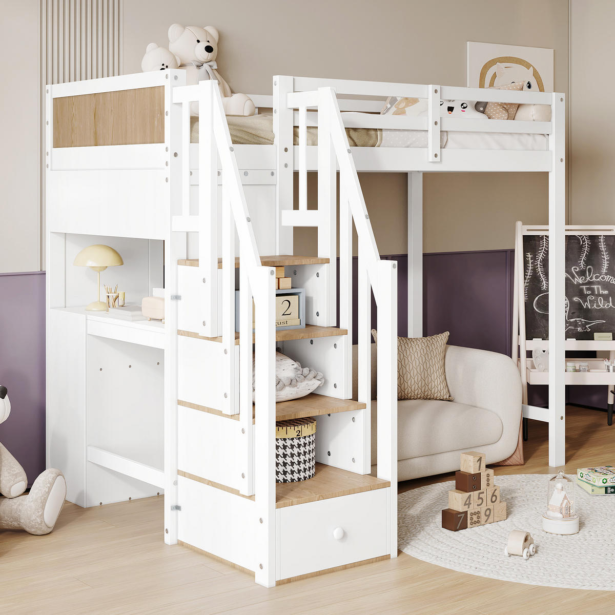 ETAGENBETT 90/200 cm in Weiß & Natur mit Schreibtisch, 3 Schubladen und Regal - Weiß/Naturfarben, Holz/Holzwerkstoff (90/200cm) - CHICFURN