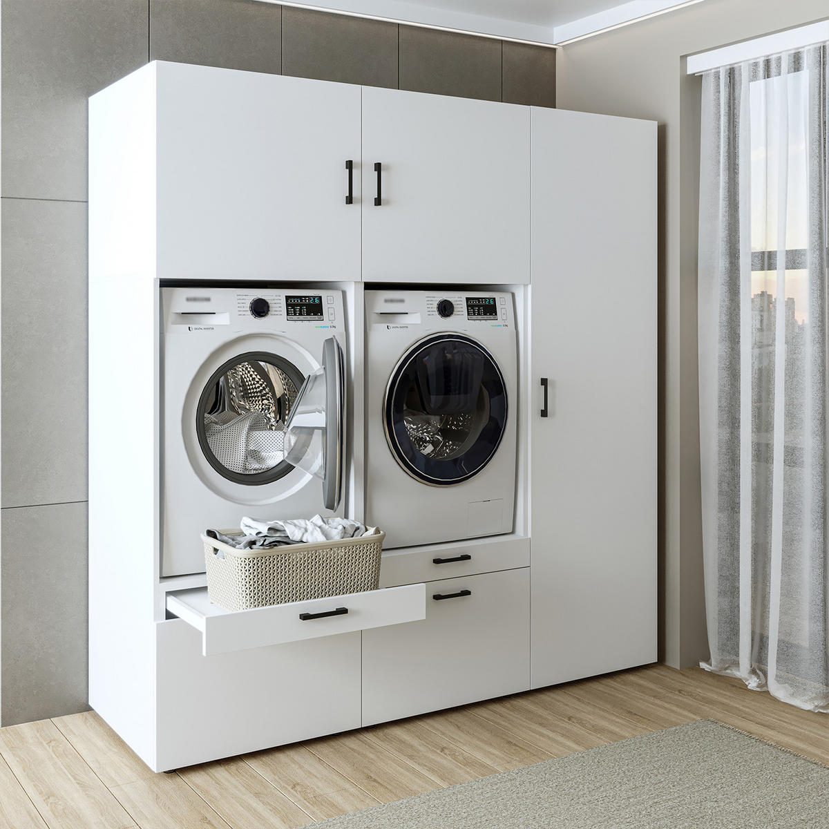 WASCHMASCHINENSCHRANK Serie 2 194cm Breit, 205cm Hoch - Weiß, Holzwerkstoff (194/205/67cm)