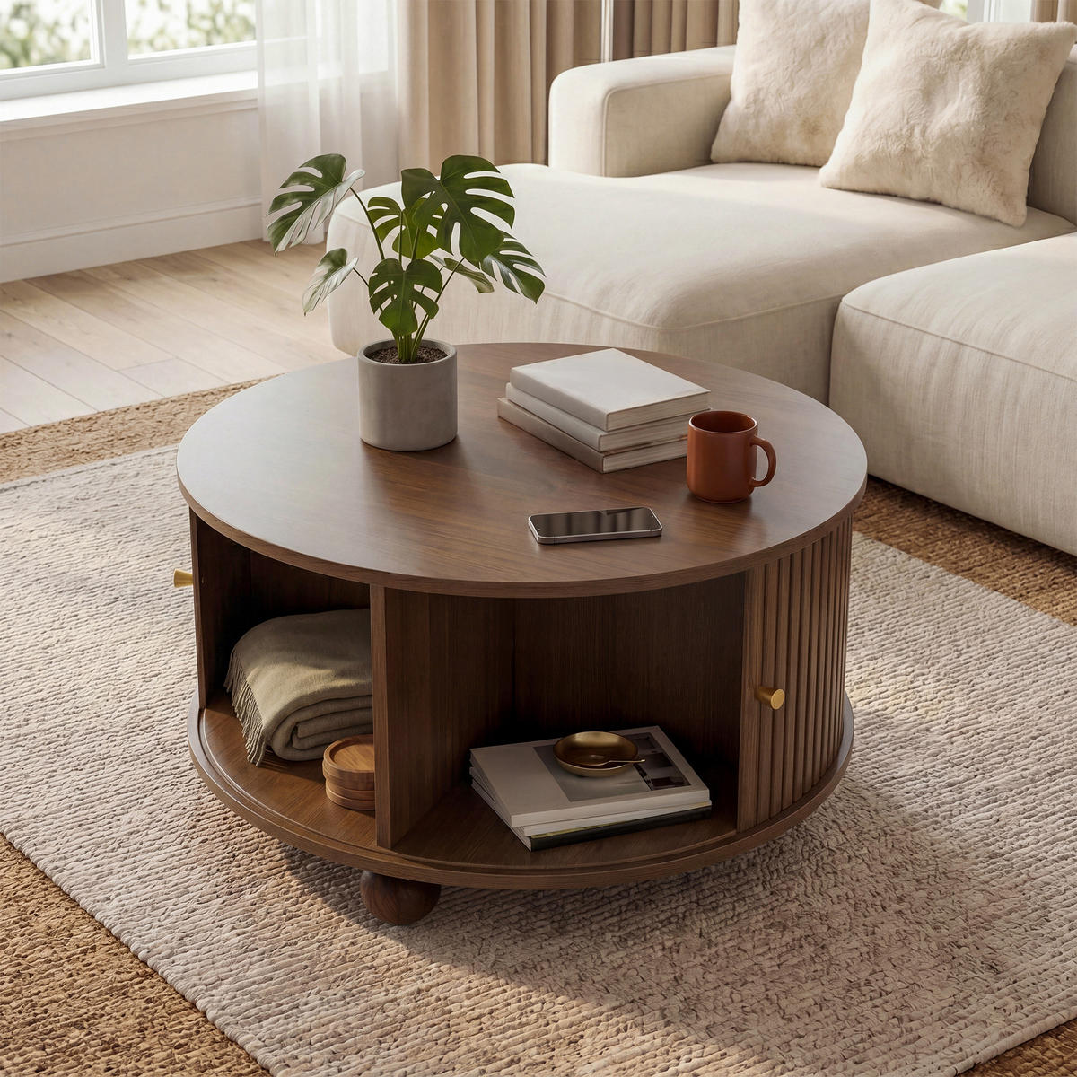 COUCHTISCH DE-37072 rund mit Reliefstruktur und 2 Schiebetüren Nussbaum - Walnussfarben, Holzwerkstoff (72/72/38cm) - ComfortXL