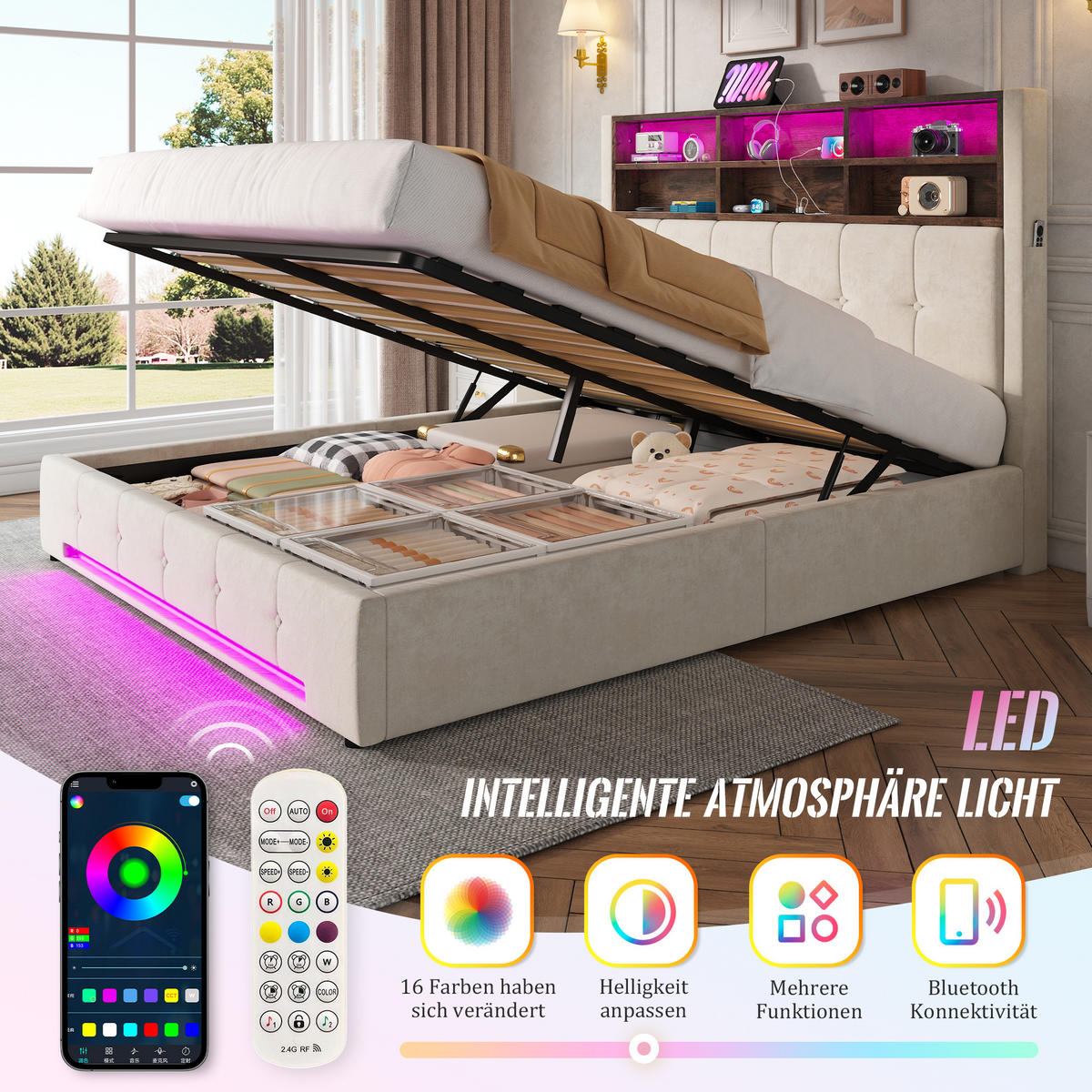 POLSTERBETT 160/200 cm in Beige mit 6 Fächern, Seitentaschen, USB-C, LED und Bettkasten aus Samt - Beige, Holzwerkstoff/Textil - STILVORA