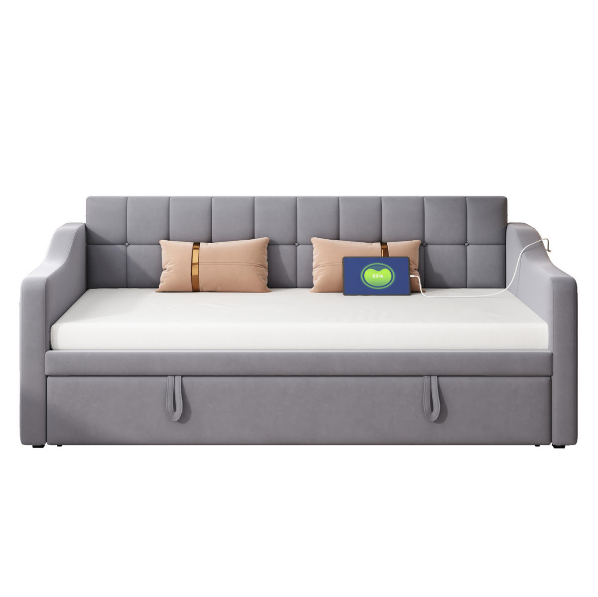POLSTERBETT 90/190 cm Grau Samtstoff mit Steckdosen und Stauraum - Grau, Textil (90/190cm) - OKWISH