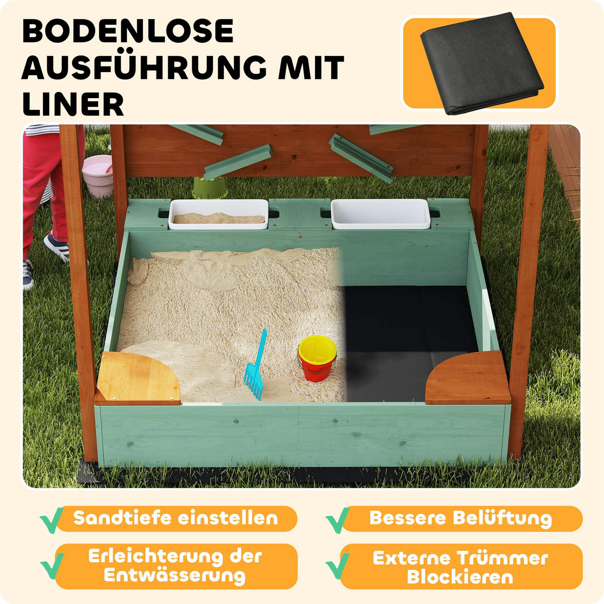 SANDKASTEN, Grün, Tannenholz, Kunststoff - Grün, Holz (116/112.5/128cm) - AIYAPLAY