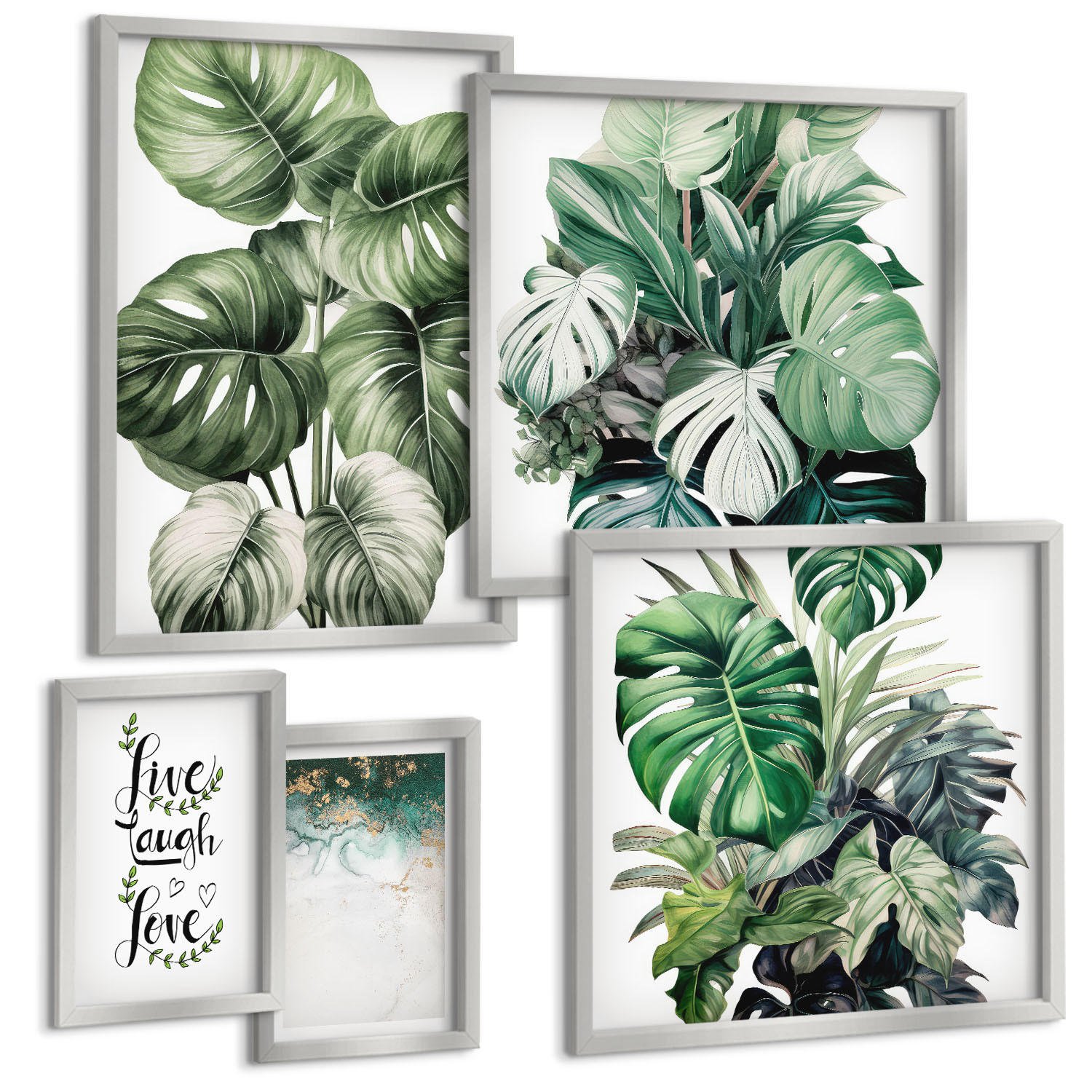 BILDER SET 5er Set - 50x50 cm & 20x30 cm & 40x60 cm Silberner Rahmen - Blattpflanzen leben, lachen, lieben - Silberfarben, Kunststoff (40/60cm) - TULUP
