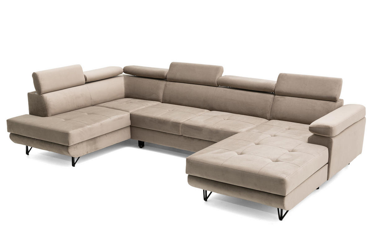 ECKSOFA U-Form JUNIOR U Links mit Schlaffunktion 128x254 Velours Beige - Beige/Schwarz, Holz/Textil (323/90/184cm) - Muffo