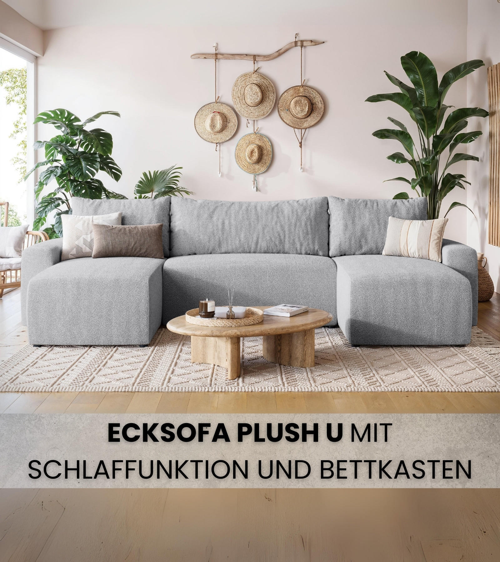 WOHNLANDSCHAFT Plush mit Schlaffunktion Grau Boucle - Grau, Kunststoff/Textil (315/72/145cm) - Bromarkt