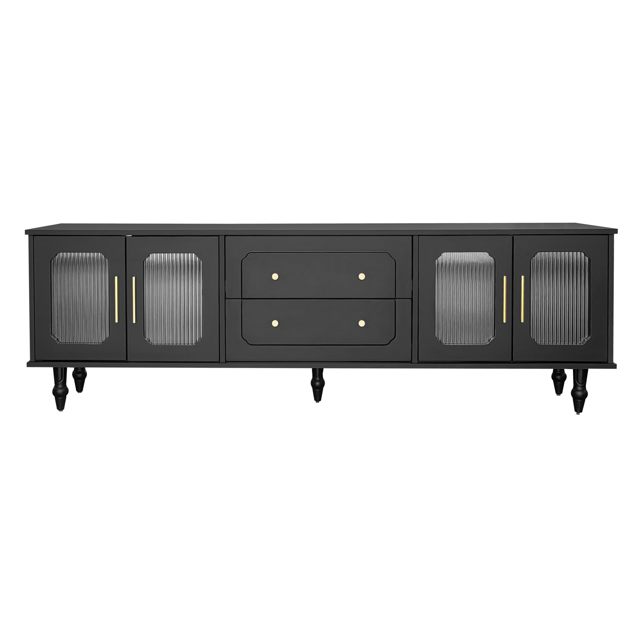 Urban Meuble TV STOLEK černý a zlatý 175 cm s rýhovaným sklem a retro designem