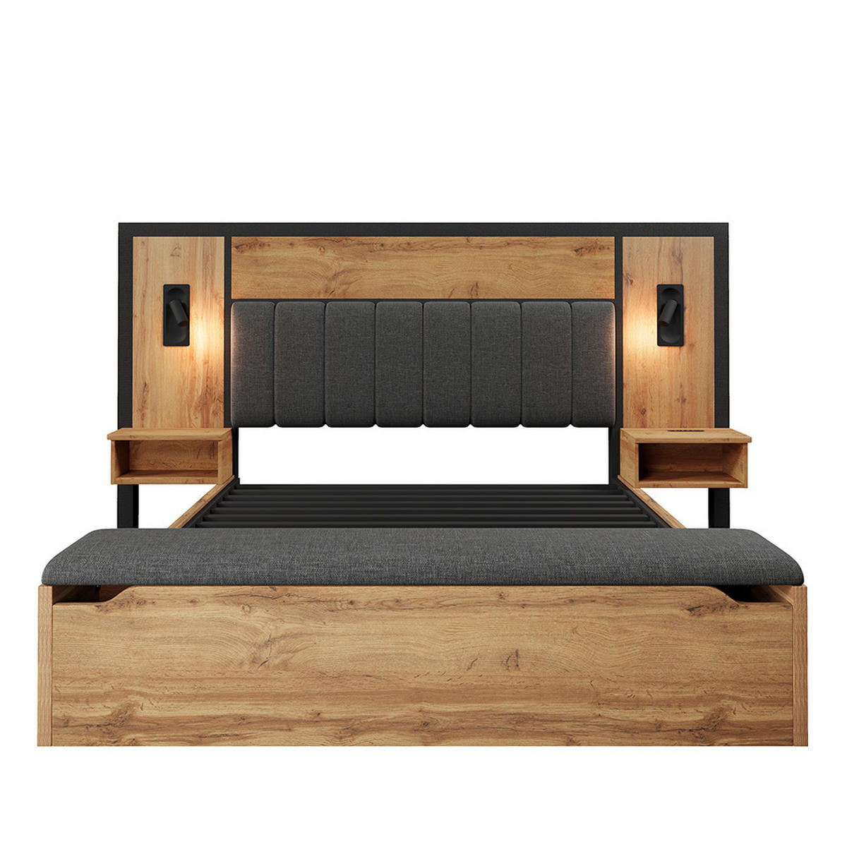 DOPPELBETT 160×200 cm mit Leselampe und USB C in Eiche - Wildeiche, Holz (160/200cm) - KOMHTOM
