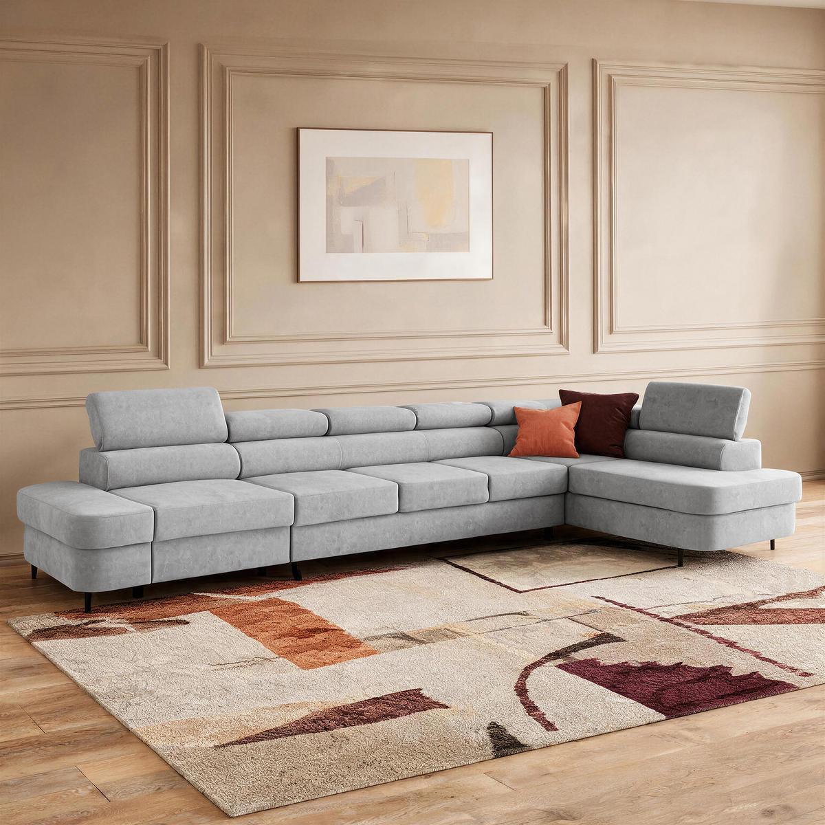 ECKSOFA PRIAM XXL L-Form Rechts mit Schlaffunktion 125x265 Velours Hellgrau - Hellgrau/Schwarz, Holz/Textil (420/203cm) - Muffo