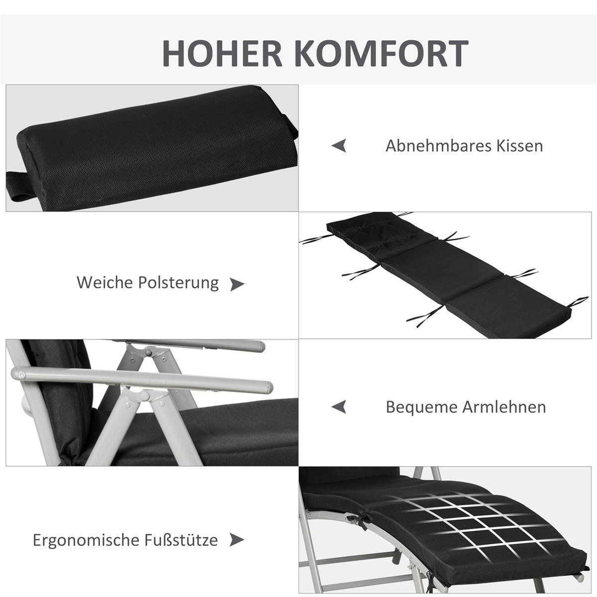 LIEGESTUHL faltbar 7-fach verstellbar mit Kissen schwarz - Schwarz, Metall (63.5/100.5/137cm) - Kaket