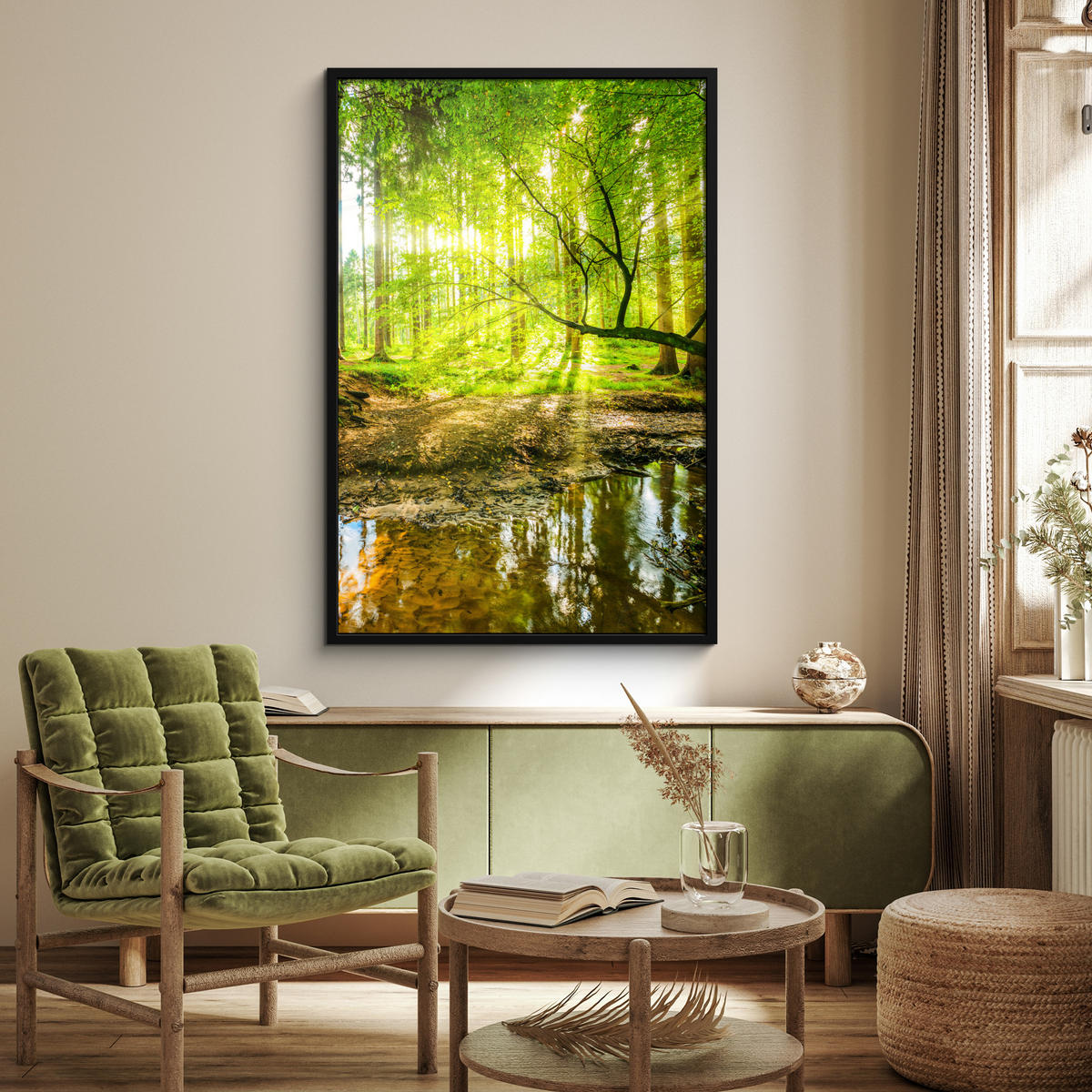 GERAHMTES BILD Wald - Landschaft - Wasser - Bäume - Sonne - Grün - Natur 80x120 cm - Grün, Papier (80/120cm) - MuchoWow