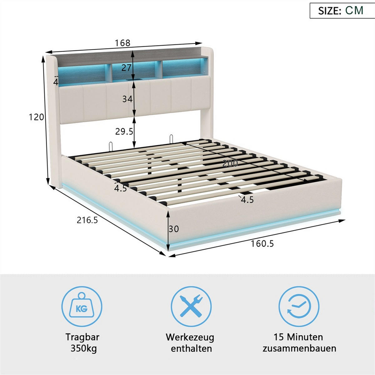 POLSTERBETT 160x200cm - Doppelbett mit RGB-LED-Beleuchtung am Kopfteil und Unterboden Stauraum-Kopfteil - Beige - Beige, Textil (160/200cm) - DELFA