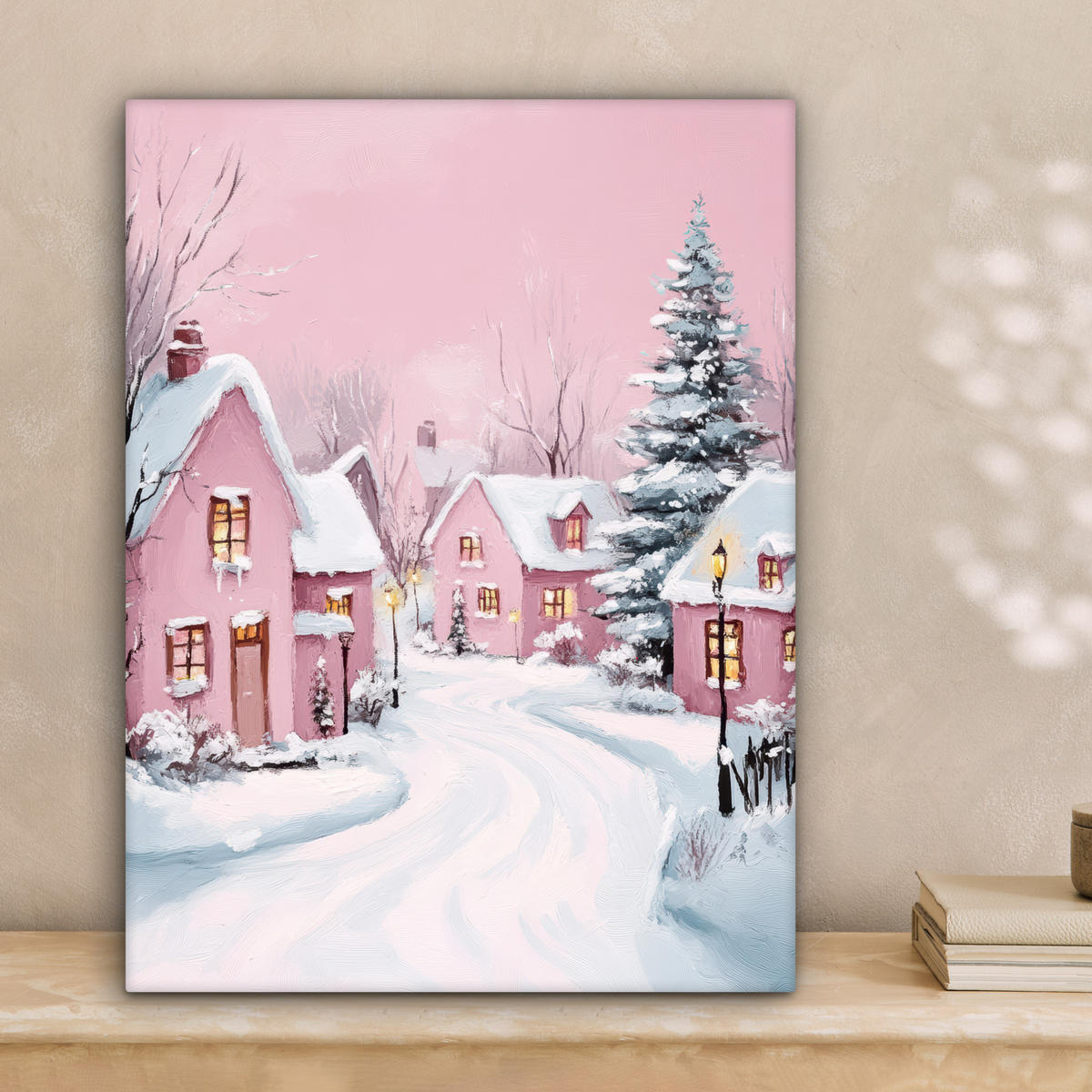 LEINWANDBILD Weihnachtsdorf - Rosa - Winter - Schnee - Häuser 30x40 cm - Altrosa, Textil (30/40cm) - MuchoWow