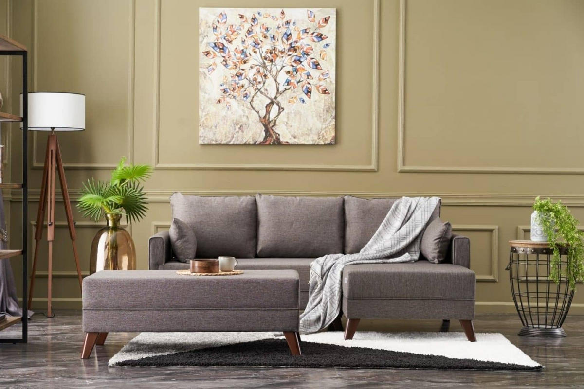 ECKSOFA mit Hocker als Schlaffläche, perfekt für kleine Räume - Taupe/Walnussfarben, Holz/Kunststoff (140/205cm) - myHomelando