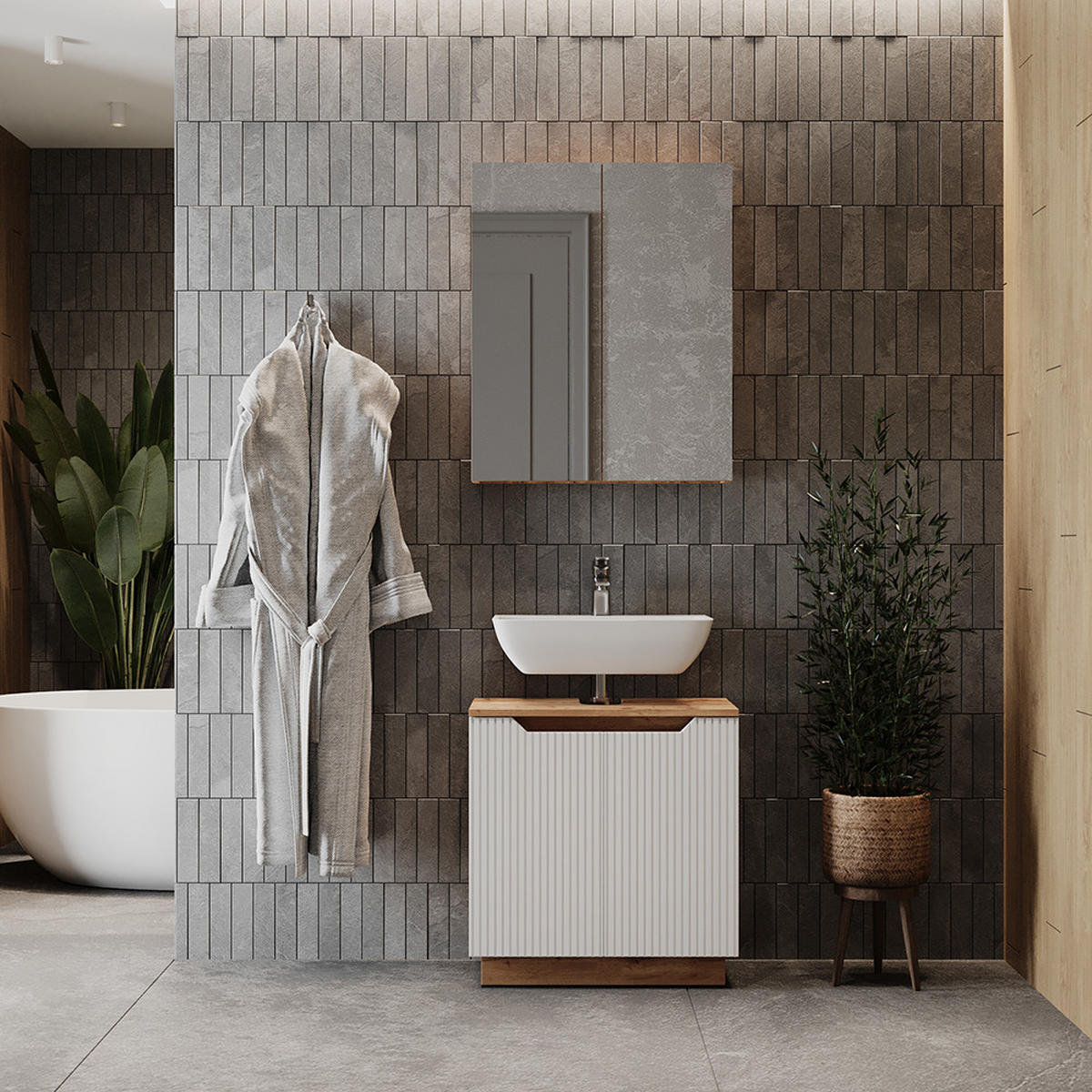 BADMÖBEL-SET Lotta Eiche/weiß gestreift 2 Teile - Weiß, Holzwerkstoff (59.8/62.1/32cm) - Vicco