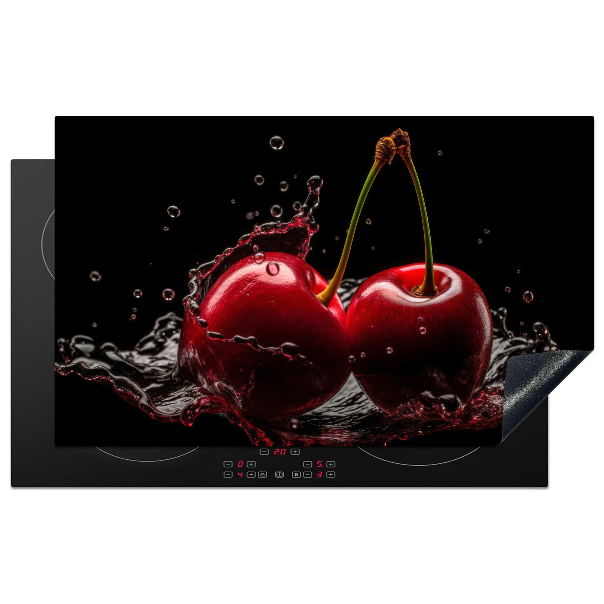 HERDABDECKPLATTE Kirsche - Rot - Frucht - Wasser - Schwarz 83x51 cm - Kirschrot, Kunststoff (83/0.2/51.5cm) - MuchoWow