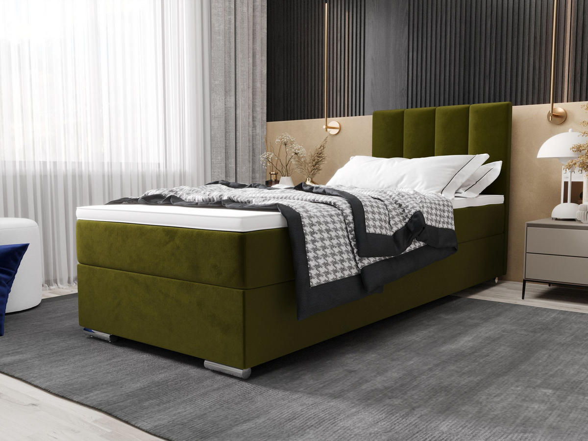 BOXBETT ZILANO 2 mit Matratze H3 und Topper 80x200 Itaka 65 rechts - Grün, Holz/Textil (80/200cm) - Bedante