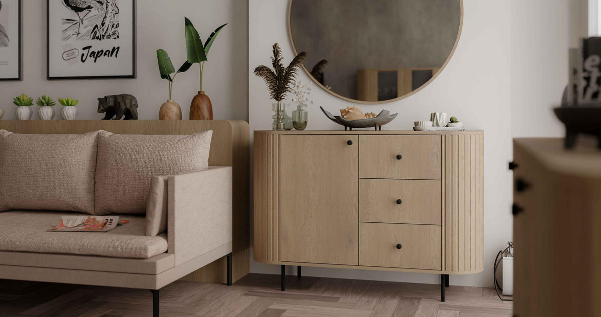 KOMMODE BOLLA 123/85,4/42,3cm mit 3 Schubladen 1 Türen Eichefarben - Eichefarben, Holzwerkstoff (123/85.4/42.3cm) - MASSENO