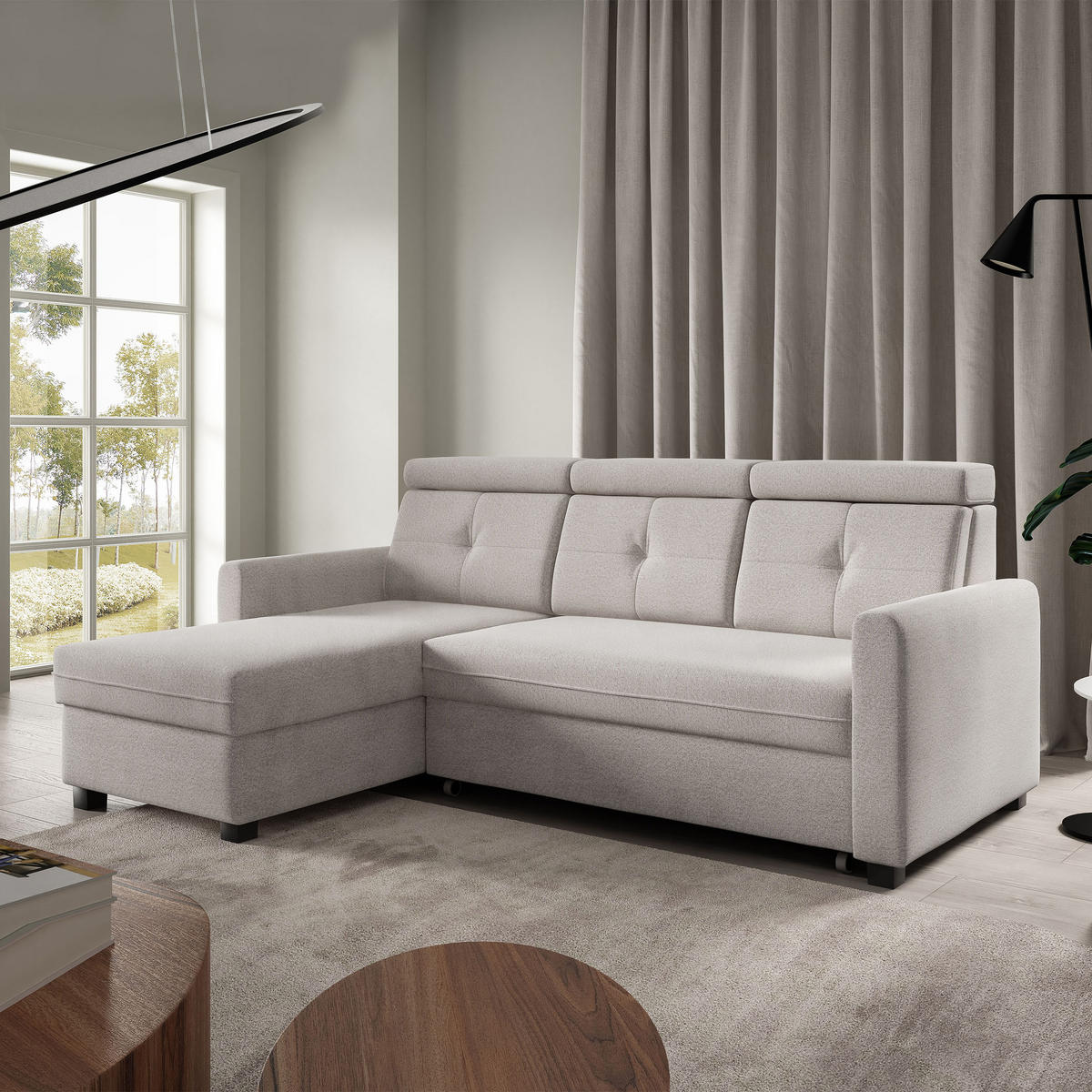 ECKSCHLAFSOFA Milano, Beige, links - Beige/Schwarz, Textil (217/166cm) - Beautysofa